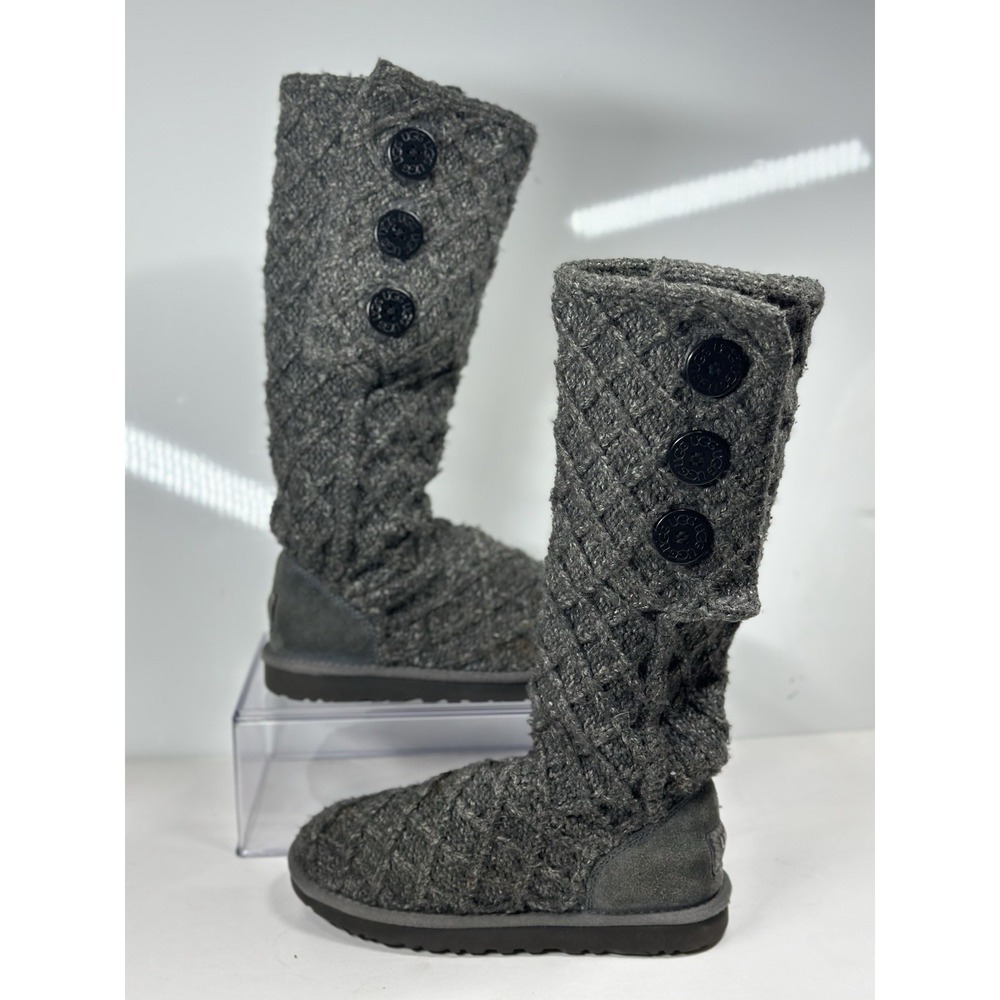 UGG 3066 Lattice Cardy Gray Sweater Knit 3 Button Winter Sock Boots Womens 7 - Picture 1 of 9